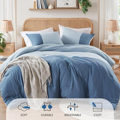 Blue Twin Comforter Set - Modern Soft Farmhouse Bedding for Teen Boys, Kids Colorblock Pattern Bed Sets for All Season, 2 Pieces includes 1 Comforter, 1 Sham (66"x 90")