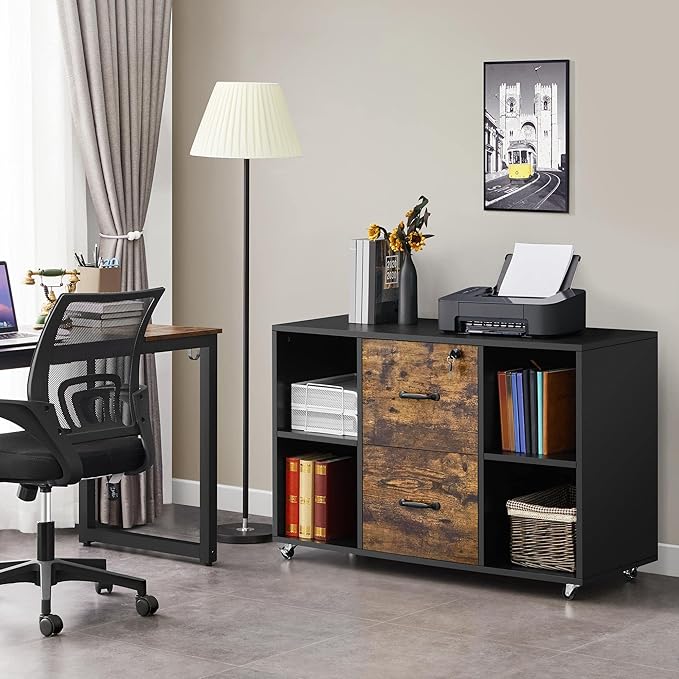Yaheetech Filing Cabinet Lateral File Cabinet with 2 Drawer and 4 Open Compartments for Letter Size A4 Size, Printer Stand for Home Office, Black/Rustic Brown