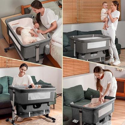 Bedside Crib,3 in 1 Baby Crib Adjustable Portable Bed for Infant,Baby Bassinet with Mosquito net Baby Newborn Must Have Bed,Grey