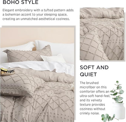 Bedsure Queen Comforter Set - Linen Comforter, Boho Tufted Shabby Chic Bedding Comforter Set, 3 Pieces Vintage Farmhouse Bed Set for All Seasons, Fluffy Soft Bedding Set with 2 Pillow Shams