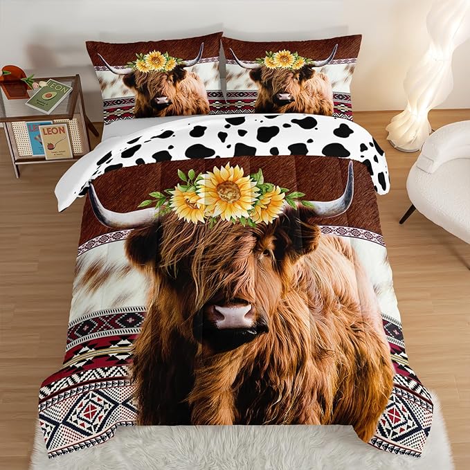 HOSIMA Highland Cow Decor Comforter with 2 Pillowcases,Animal Theme Western Bedding Sets,Brown Cowhide Black White Cow Print Comforter Set,Sunflower Twin Bed in a Bag Sets for Adults Kids.