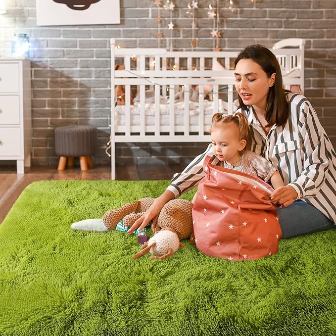 Super Soft Fluffy Shaggy Rugs for Living Room Bedroom, Fuzzy Plush Area Rugs for Girls Kids Room Nursery Home Decor, Furry Dorm Rug Cute Non-Slip Indoor Floor Carpet 5x8 Feet, Green