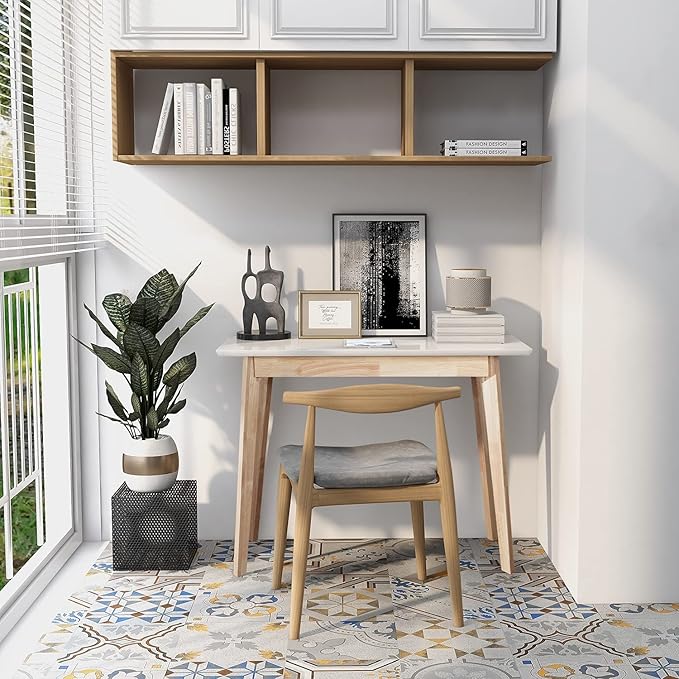 TaoHFE White Vanity Desk with Solid Rubber Wood Legs Glossy White 39 Inch Vanity Table Computer Desk for Home Small Spaces Girl Makeup Desk Modern Vanity Desk No Mirror Dressing Table for Bedroom