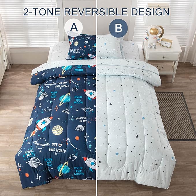 Planet Twin Comforter Set for Boys Girls 4-Piece Rocket Kids Bedding Sets Galaxy Space Stars Bedroom Decor - Include Reversible Comforter, Flat Sheet, Fitted Sheet and Pillowcase