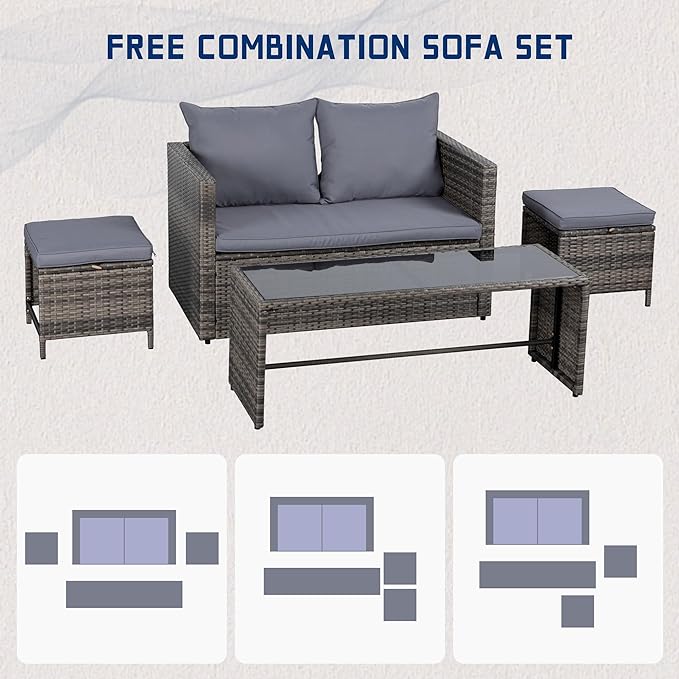 Shintenchi Patio Furniture 4 Pieces Wicker Patio Furniture Sets,Outdoor Wicker Conversation Set Rattan Sectional Sofa with Cushions&Coffee Table for Backyard Porch Garden Poolside Balcony,Gray