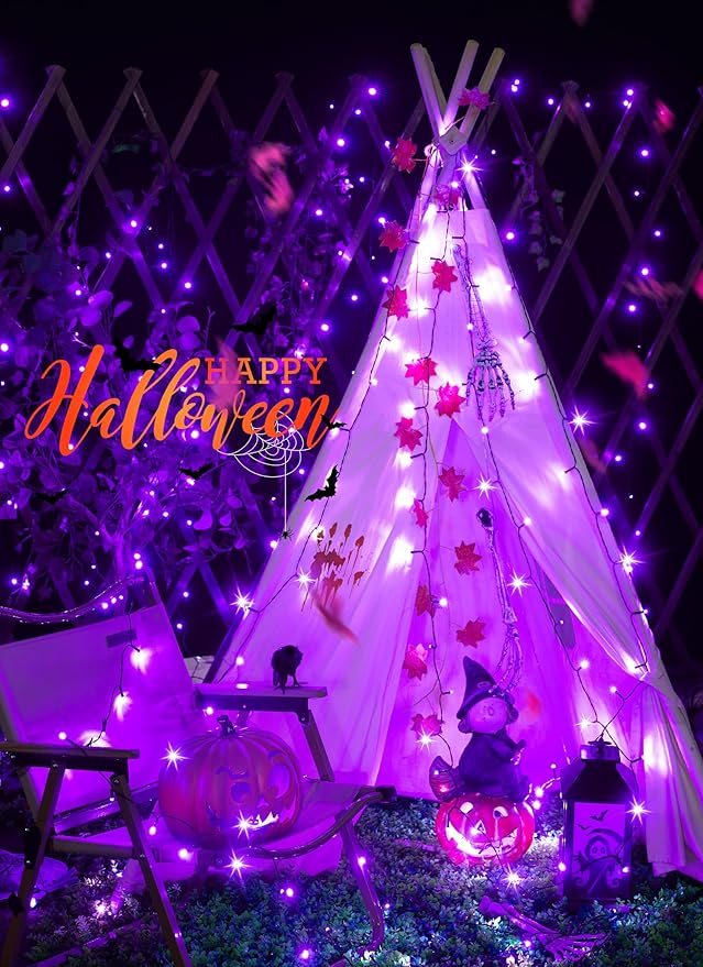 Minetom 2 Pack Solar Halloween Lights Outdoor, Total 80FT 200 LED Halloween String Lights with 8 Modes, Halloween Decoration Outdoor, Waterproof Solar String Lights for Outside Tree Yard Party, Purple