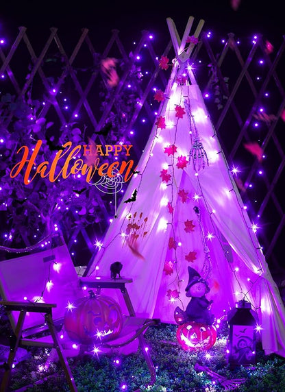 Minetom 2 Pack Solar Halloween Lights Outdoor, Total 80FT 200 LED Halloween String Lights with 8 Modes, Halloween Decoration Outdoor, Waterproof Solar String Lights for Outside Tree Yard Party, Purple