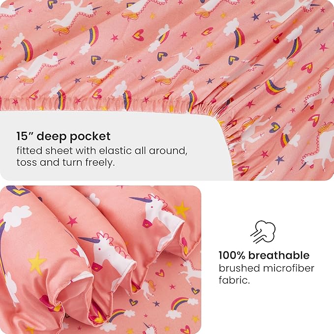 Mooreeke Twin Size Comforter Sets for Girls Kids, 6 Pieces Bed in a Bag Pink Unicorn Rainbow Bedding Comforter Sheet Set with Shams and Decorative Toy Pillow, Ultral Soft Microfiber Kids Bed Set