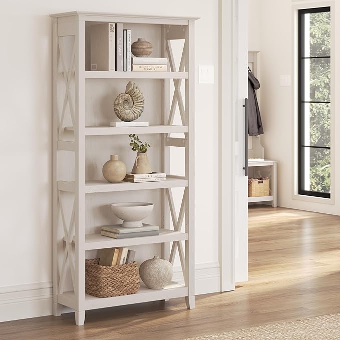 Bush Furniture Key West 2 Lateral File Cabinet | Document Storage & Key West Bookcase Shelf in Linen White Oak | Farmhouse Bookshelf Display Cabinet