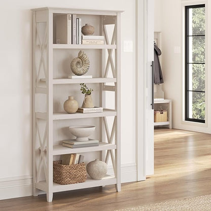 Bush Furniture Key West 2 Lateral File Cabinet | Document Storage & Key West Bookcase Shelf in Linen White Oak | Farmhouse Bookshelf Display Cabinet