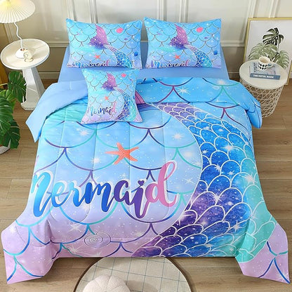 JQinHome Mermaid Comforter Set Twin Size, 6 Piece Mermaid Tail Bed in A Bag,3D Colorful Mermaid Bedding Set for Girls Kids, Sparkle Teal Bedroom Decor Bedding Set with Sheets (Blue)