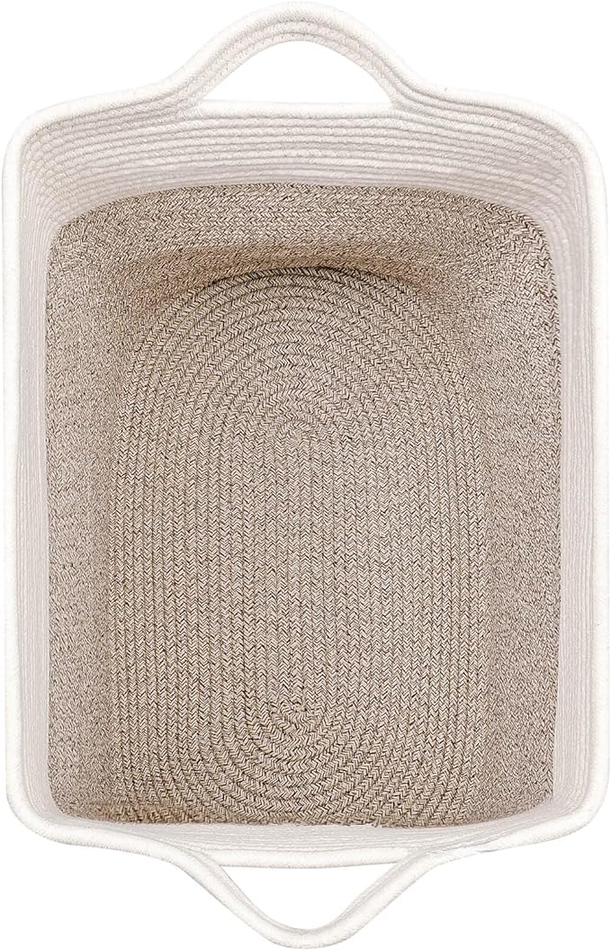 Toy Storage Baskets for Clothes Fabric Cotton Rope Storage Basket with Handles, Decorative Woven Basket for Living Room,Closet Organizer Blankets, and Toys (White Brown 2bags)