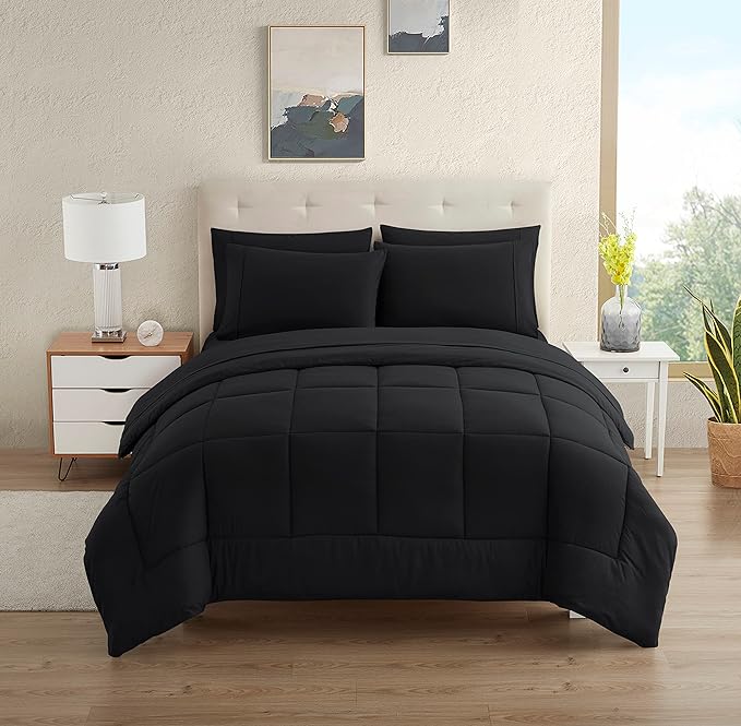 Dorm Room Essentials College Bedding Comforter Set 7 Piece Full Size Bed in a Bag for College Students Boys and Girls, Full, Black