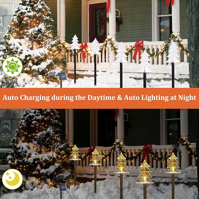 BRIGHTDECK Solar Christmas Pathway Lights Outdoor Decorations, Xmas Tree Lights Waterproof Led Garden Stake Lights for Walkway Yard Lawn Porch Holiday Decor 5-Pack (Xmas Tree Lights)
