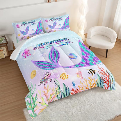 HOSIMA Mermaid Tail Comforter Set for Kids Girls Teens Bedroom Decor,Cartoon Scallop Sea Turtle Sea Horses Octopus Kawaii Bedding Set Ocean Comforter,Mermaid Fish Scale Twin Comforter Set.