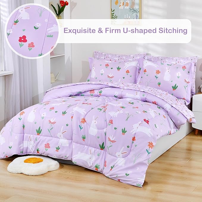 Mooreeke Bed in a Bag for Kids Girls Teens, 7 Pieces Full Size Comforter Bed Set with Shams, Sheet Set, Rabbit Purple Super Soft Microfiber Kids Comforter Bedding Set