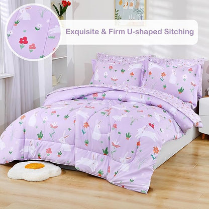 Mooreeke Bed in a Bag for Kids Girls Teens, 7 Pieces Full Size Comforter Bed Set with Shams, Sheet Set, Rabbit Purple Super Soft Microfiber Kids Comforter Bedding Set