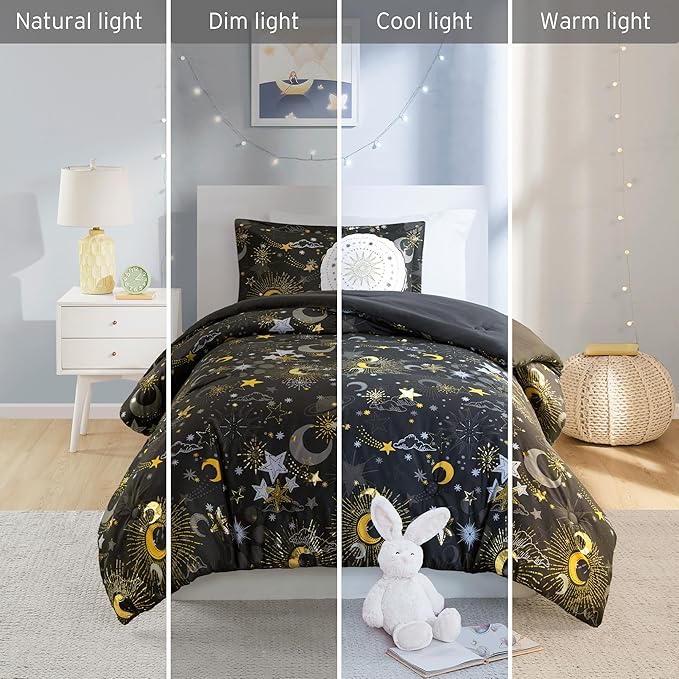 Mi Zone Kids Full Comforter Set, Celestial Metallic Comforter Set Starry Sky, Moon & Sun Comforter, All Seasons Lightweight & Fluffy Comforter Bed Set, 2 Shams, Celia, Full/Queen Charcoal/Gold 4 Piece