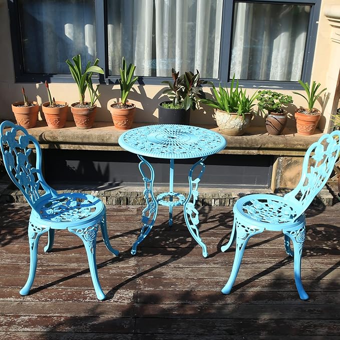 KAI LI Outdoor Furniture Bistro Set with Rose Pattern 1 Table 2 Chairs for Garden Patio Porch (Rose-Light Blue)