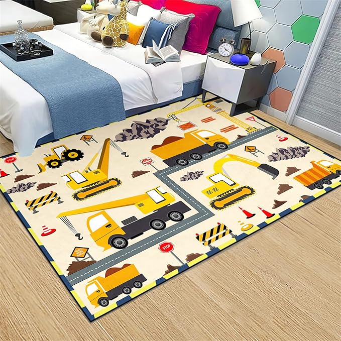Construction Play Mat Car Rug Play Mat Construction Rugs for Boys Room Car Rug for Boys Room Construction Decor for Boys Room Playroom Rug for Livingroom 5'×7'