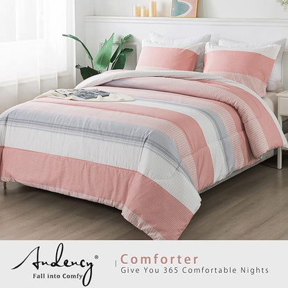 Andency Stripe Comforter Set Queen Size (90x90 Inch), 3 Pieces Pink Patchwork Striped Comforter, Soft Microfiber Down Alternative Comforter Bedding Set with Corner Loops