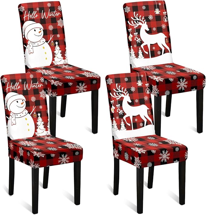 U'Artlines Christmas Chair Covers Set of 4, Removable Washable Merry Christmas Dining Chair Seat Covers Stretch Protector Slipcovers for Dining Room Kitchen Holiday Party Decor, Red Buffalo Plaid