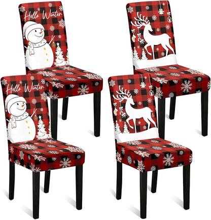 U'Artlines Christmas Chair Covers Set of 4, Removable Washable Merry Christmas Dining Chair Seat Covers Stretch Protector Slipcovers for Dining Room Kitchen Holiday Party Decor, Red Buffalo Plaid
