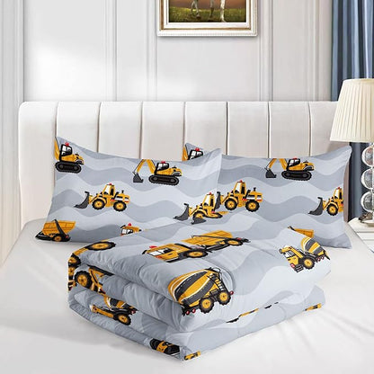 Datura home Construction Truck Comforter Set for Boys Kids Children,Grey Machinery Truck Excavators Vehicles Cartoon Tractor Bedding with 1 and 2 Pillowcases(Truck Grey Queen), Queen 90x90inches