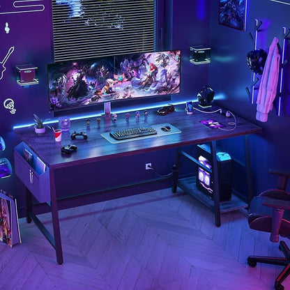 armocity Computer Desk with LED Lights, Reversible Desk with Power Outlet, 55'' Desk with Storage Shelves, Gaming Desk with Moveable Monitor Stand and Storage Bag for Home Office Workstation, Grey