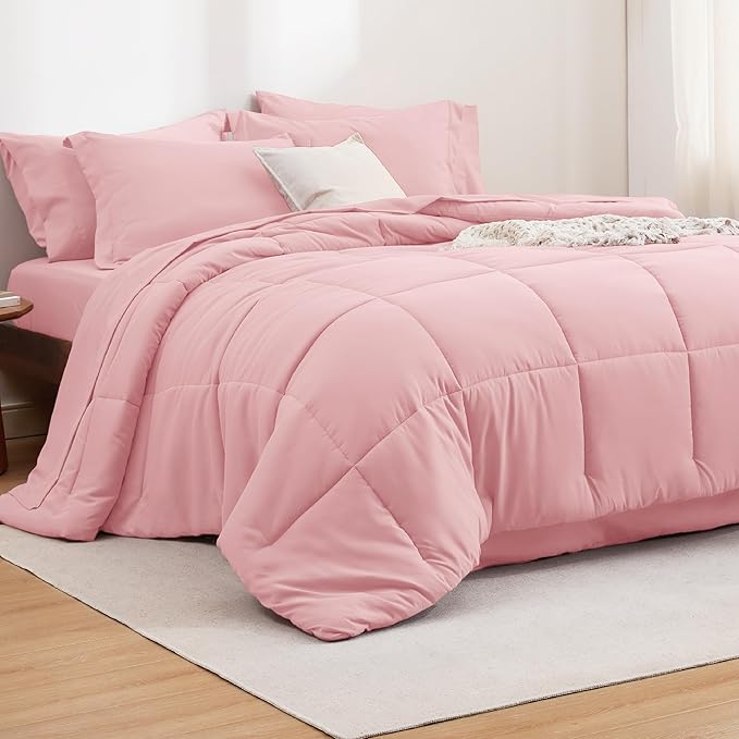 Bedsure Pink Full Size Comforter Set - 7 Pieces Solid Full Bed in a Bag, Full Bed Set Pink with Comforters, Sheets, Pillowcases & Shams