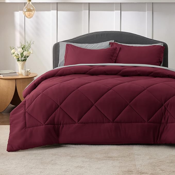 Bedsure Burgundy Full Size Comforter Set - 7 Pieces Reversible Full Bed in a Bag Full Bed Set with Comforters, Sheets, Pillowcases & Shams, Full Bedding Sets