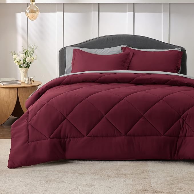 Bedsure Burgundy King Size Comforter Set - 7 Pieces Reversible King Bed in a Bag King Bed Set with Comforters, Sheets, Pillowcases & Shams, King Bedding Sets