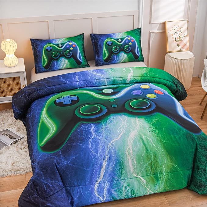 Meeting Story Gamer Gaming Bedding Sets Red Blue Lightnings Gamepad Comforter Set for Boys Games Console Action Buttons Novelty Colorful Modern Room Decor Home Quilt Set (Blue-Green, Queen)