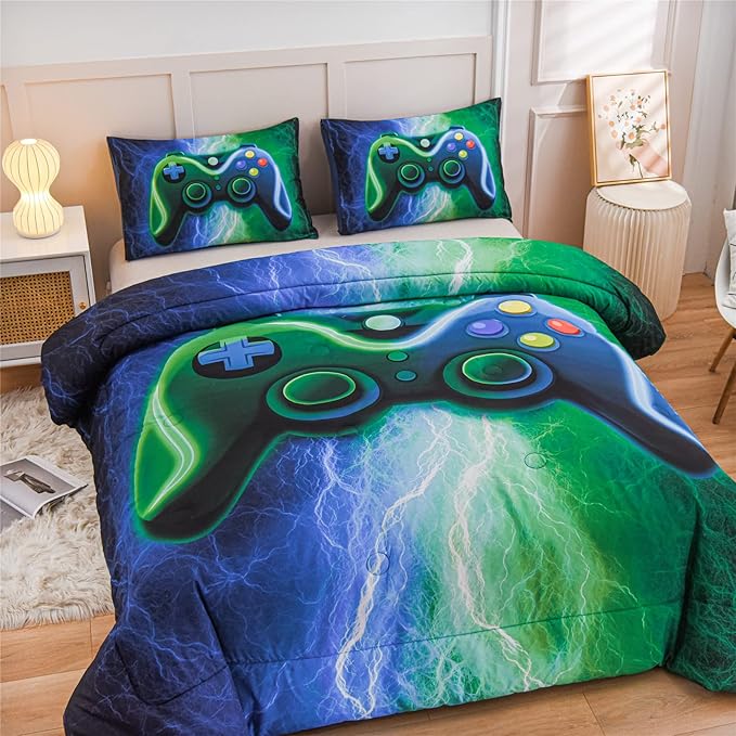 Meeting Story Gamer Gaming Bedding Sets Red Blue Lightnings Gamepad Comforter Set for Boys Games Console Action Buttons Novelty Colorful Modern Room Decor Home Quilt Set (Blue-Green, Full)