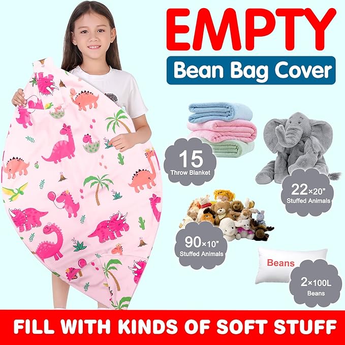 Lukeight Stuffed Animal Storage Bean Bag Chair Cover for Kids, Dinosaur Zipper Beanbag Chair Cover for Organizing Toddler & Kids' Rooms Plush Toys (Dinosaur Blush, X-Large)