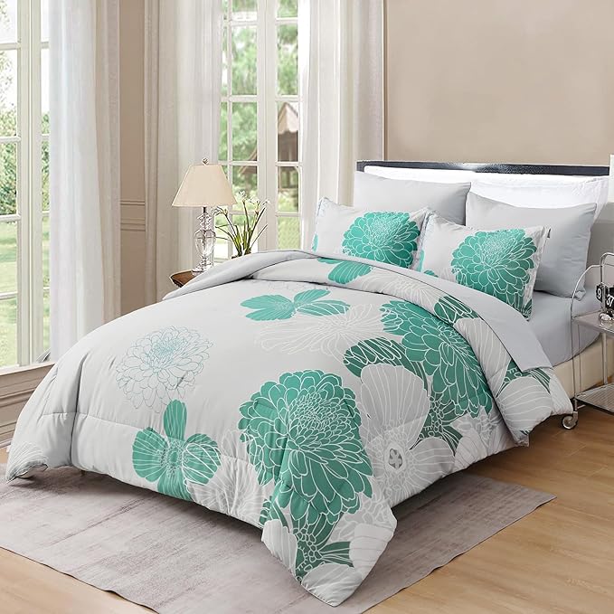 Yiran Grey Aqua Floral King Comforter Set Bed in a Bag Soft Microfiber Comforter Bedding Set 103"×90",7 Pieces (1 Comforter,2 Pillowcases,2 Pillow Shams,1 Flat Sheet,1 Fitted Sheet)