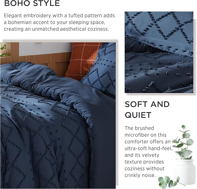 Bedsure Twin/Twin XL Comforter Set - Navy Boho Twin Extra Long Comforter Set for College, Shabby Chic Dorm Bedding Set, 2 Pieces Modern Farmhouse Bed Set, includes 1 Pillow Sham