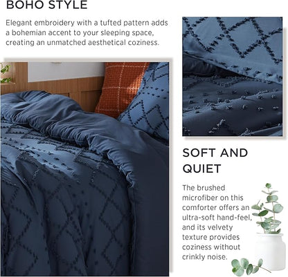 Bedsure Twin/Twin XL Comforter Set - Navy Boho Twin Extra Long Comforter Set for College, Shabby Chic Dorm Bedding Set, 2 Pieces Modern Farmhouse Bed Set, includes 1 Pillow Sham