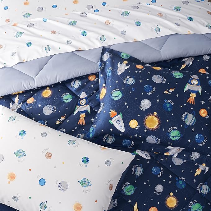 Kids Bedding Set for Boys, Queen Size 7 Pieces Space Themed Bed in a Bag, Super Soft Lightweight Microfiber Comforter Set with Sheets, Hotel Quality Durable Children Bed Set