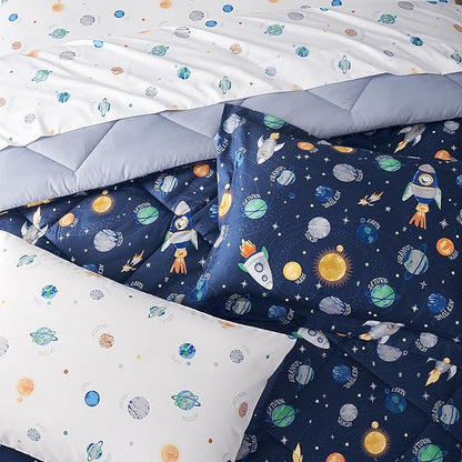 Kids Bedding Set for Boys, Queen Size 7 Pieces Space Themed Bed in a Bag, Super Soft Lightweight Microfiber Comforter Set with Sheets, Hotel Quality Durable Children Bed Set
