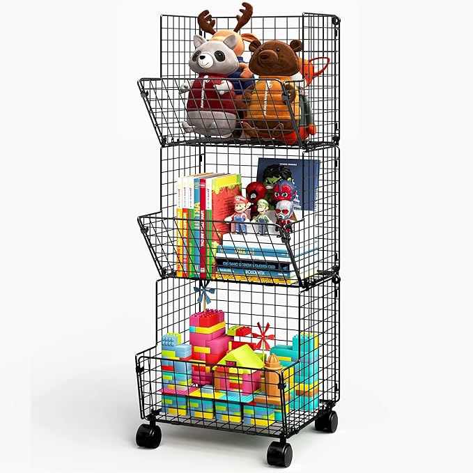 3 Tier Metal Wire Baskets - Toy Organizer Basket Shelf with Wheel, S-Hooks, Rolling Cart Hanging Storage Baskets for Child Room, Playroom, Bedroom, Kitchen (Black)