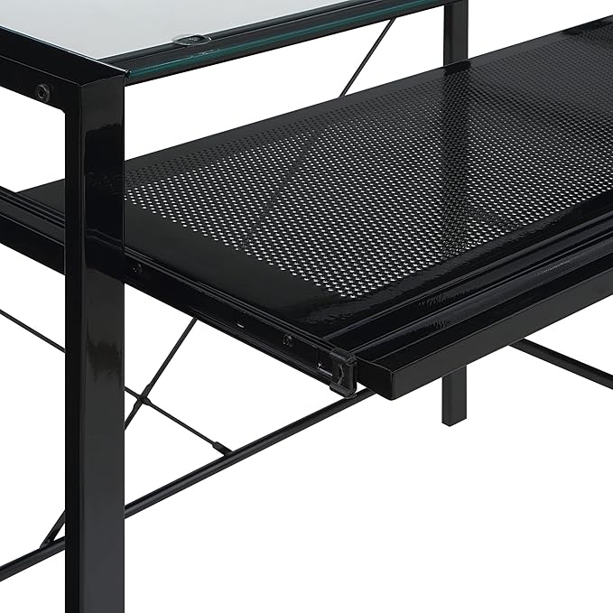 OSP Home Furnishings Zephyr Computer Desk with Keyboard Shelf and Tempered Glass Top, Clear Glass and Black Frame, 36" W x 20" D x 30.25" H