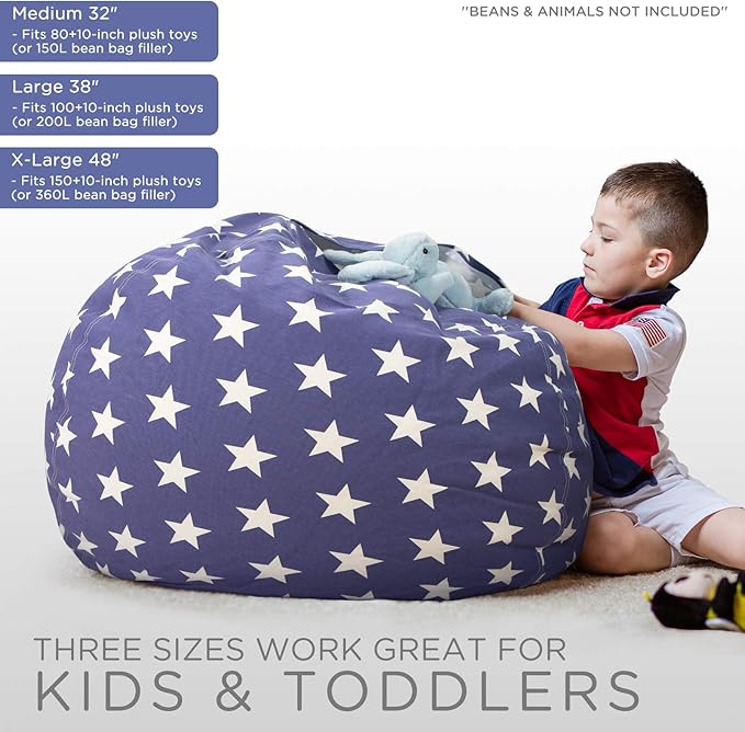 Aubliss Stuffed Animal Storage Bean Bag Chair Cover (No Beans)，Stuff and Sit Storage Bean Bag for Kids Toy Storage, Medium 32"-Canvas Stars Royal Blue