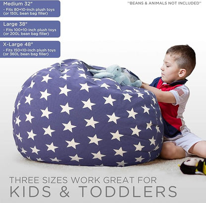 Aubliss Stuffed Animal Storage Bean Bag Chair Cover (No Beans)，Stuff and Sit Storage Bean Bag for Kids Toy Storage, Medium 32"-Canvas Stars Royal Blue
