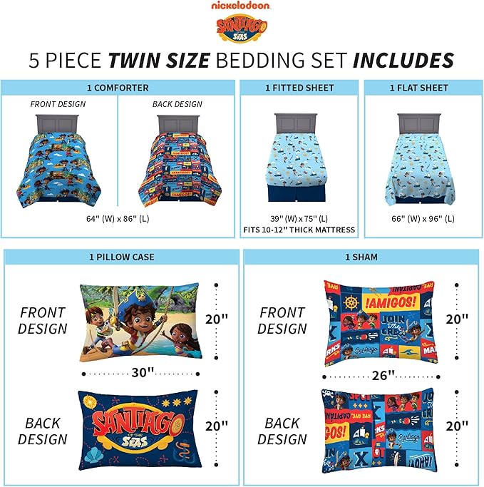 Franco Kids Bedding Super Soft Comforter and Sheet Set with Sham, 5 Piece Twin Size, Santiago Of The Seas