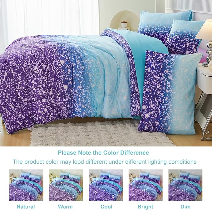 PERFEMET Blue Purple Girls Twin Comforter Set with Sheets, 6Pcs Glitter Tie Dye Rainbow Kids Girls Bedding Sets, Sparkle Gradient Ombre Bed in A Bag for Bedroom Decor