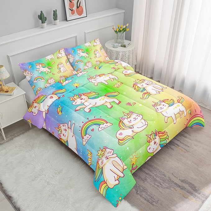 Datura home Kids Unicorn Comforter Set for Girls Boys,Kawaii Rainbow Unicorn Printed Pattern Rainbow Kawaii Bedding Set with 2 Pillowcases(Rainbow Unicorn Twin)