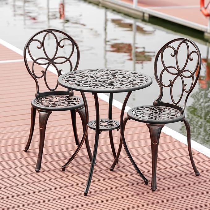 3 Piece Outdoor Bistro Set, Cast Aluminum Bistro Table and Chairs Set, Weather Resistant Patio Metal Bistro Sets, Patio Table Set with Umbrella Hole for Balcony Backyard Garden