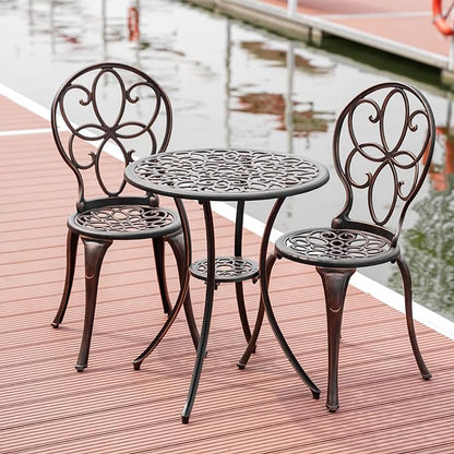 3 Piece Outdoor Bistro Set, Cast Aluminum Bistro Table and Chairs Set, Weather Resistant Patio Metal Bistro Sets, Patio Table Set with Umbrella Hole for Balcony Backyard Garden