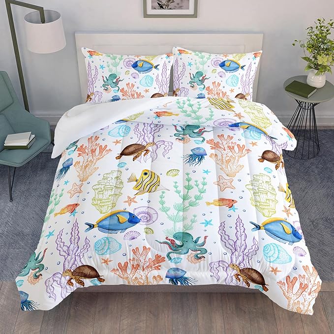 Turtle Comforter Set Twin Ocean Watercolor Sea Turtle Bedding Set Tropical Fish Marine Life Bed Set with 2 Pillowcases for Kids Room Decor